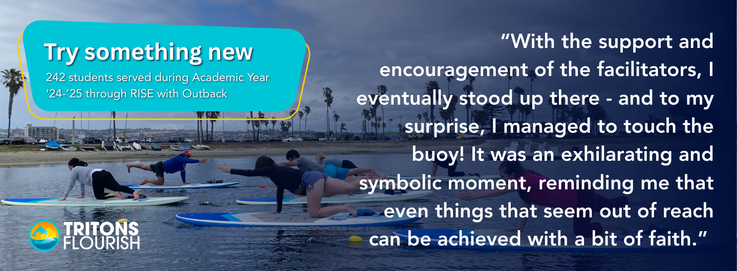 Students practicing paddleboard yoga on calm water with text encouraging trying new activities and a quote about achieving goals.